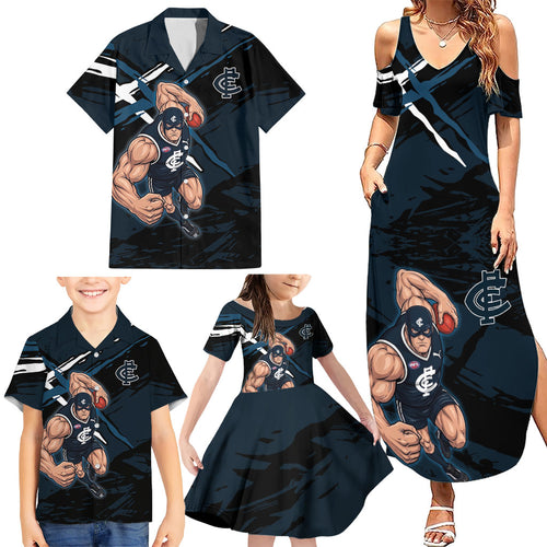Carlton Football Club Family Matching Summer Maxi Dress and Hawaiian Shirt Blues Muscular Mascot Graphic - Abstract Paint Splatter Art