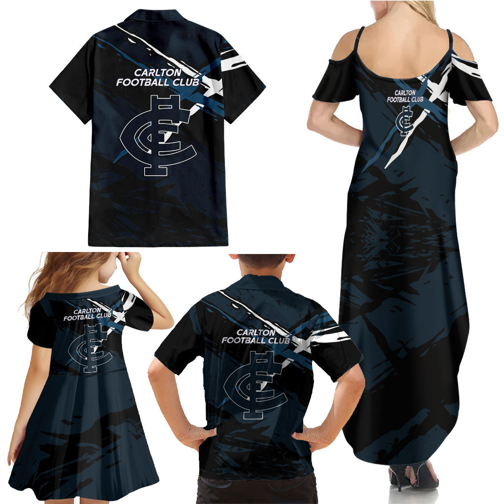 Carlton Football Club Family Matching Summer Maxi Dress and Hawaiian Shirt Blues Muscular Mascot Graphic - Abstract Paint Splatter Art