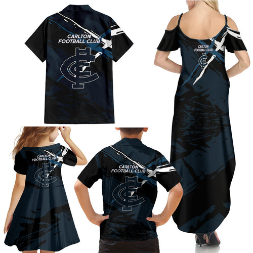 Carlton Football Club Family Matching Summer Maxi Dress and Hawaiian Shirt Blues Muscular Mascot Graphic - Abstract Paint Splatter Art