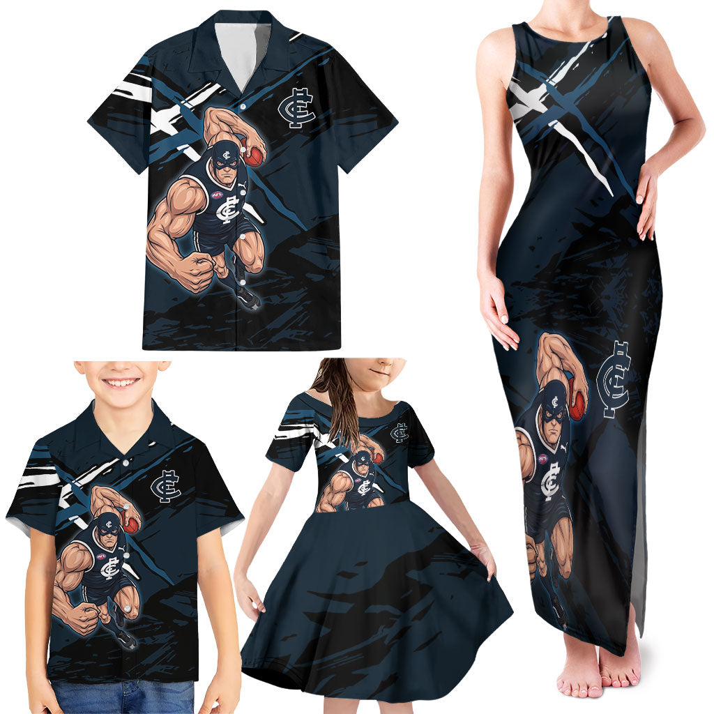 Carlton Football Club Family Matching Tank Maxi Dress and Hawaiian Shirt Blues Muscular Mascot Graphic - Abstract Paint Splatter Art
