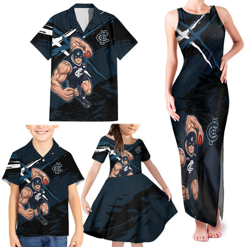 Carlton Football Club Family Matching Tank Maxi Dress and Hawaiian Shirt Blues Muscular Mascot Graphic - Abstract Paint Splatter Art