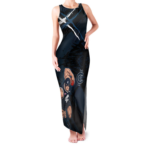 Carlton Football Club Family Matching Tank Maxi Dress and Hawaiian Shirt Blues Muscular Mascot Graphic - Abstract Paint Splatter Art