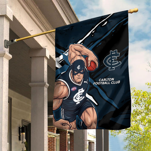 Carlton Football Club Garden Flag Blues Muscular Mascot Graphic - Abstract Paint Splatter Art
