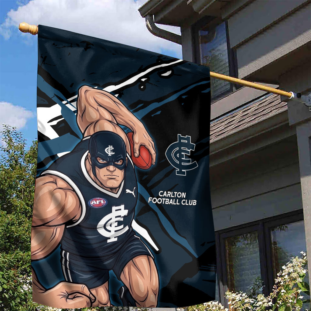 Carlton Football Club Garden Flag Blues Muscular Mascot Graphic - Abstract Paint Splatter Art