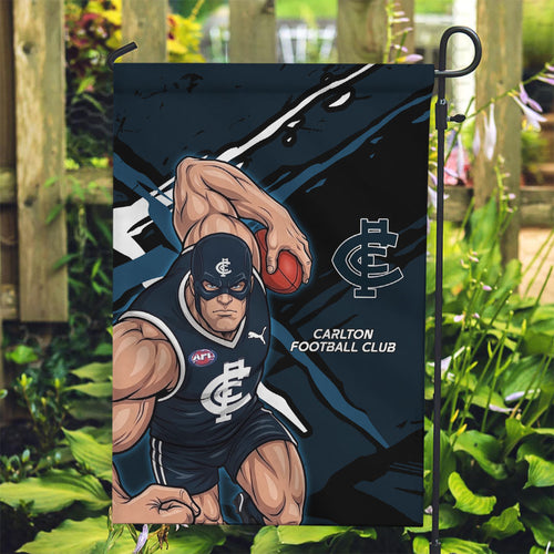 Carlton Football Club Garden Flag Blues Muscular Mascot Graphic - Abstract Paint Splatter Art