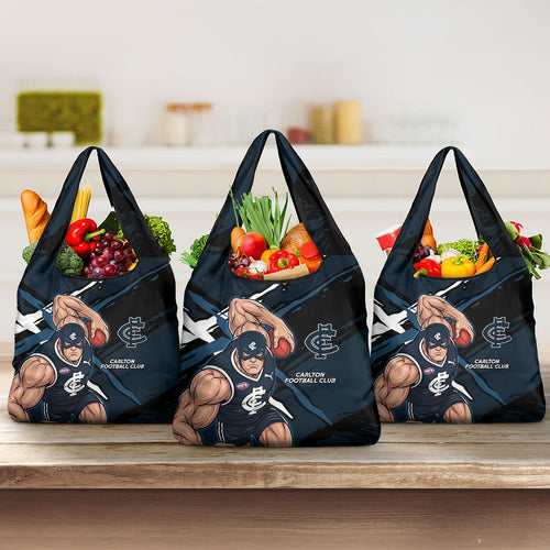 Carlton Football Club Grocery Bag Blues Muscular Mascot Graphic - Abstract Paint Splatter Art
