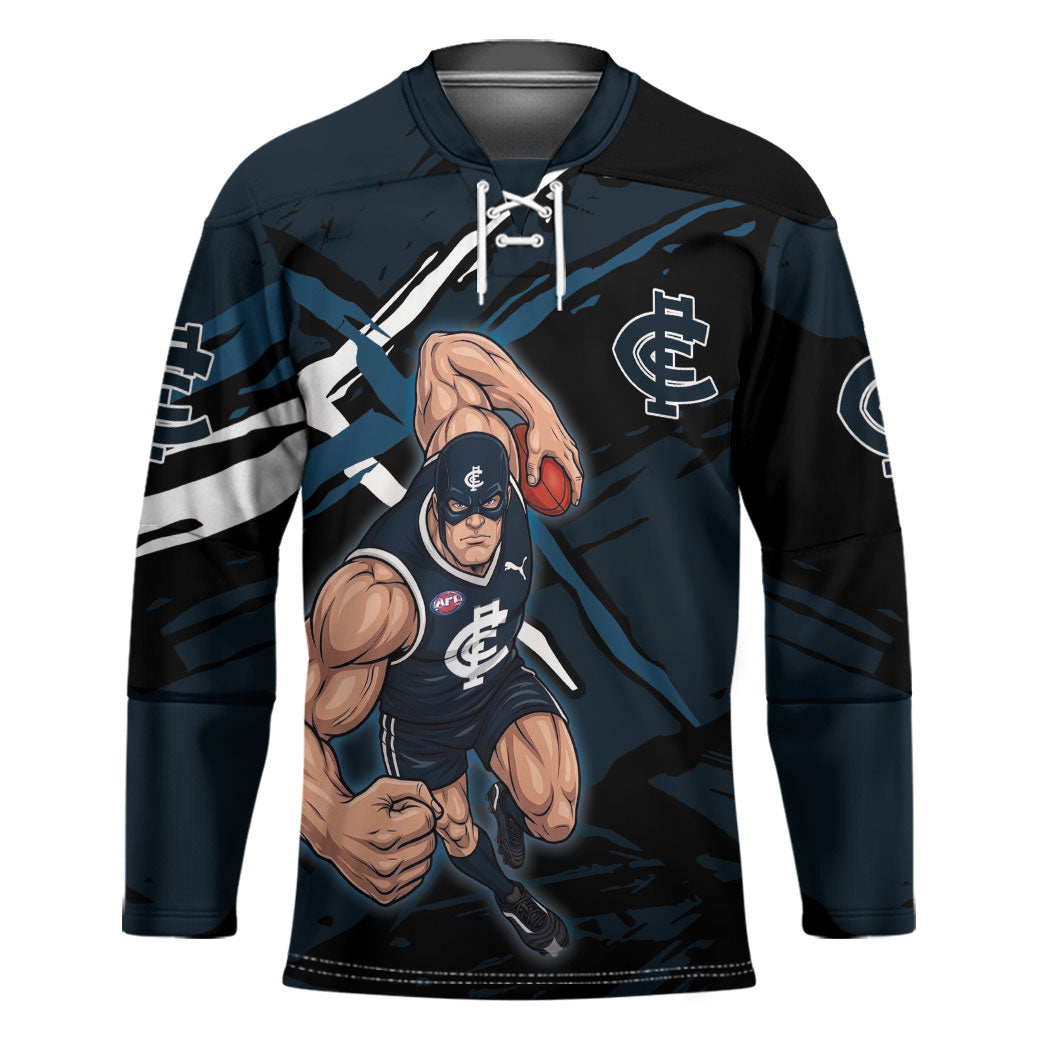 Carlton Football Club Hockey Jersey Blues Muscular Mascot Graphic - Abstract Paint Splatter Art