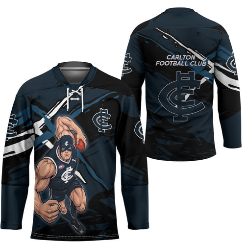 Carlton Football Club Hockey Jersey Blues Muscular Mascot Graphic - Abstract Paint Splatter Art