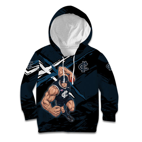 Carlton Football Club Kid Hoodie Blues Muscular Mascot Graphic - Abstract Paint Splatter Art