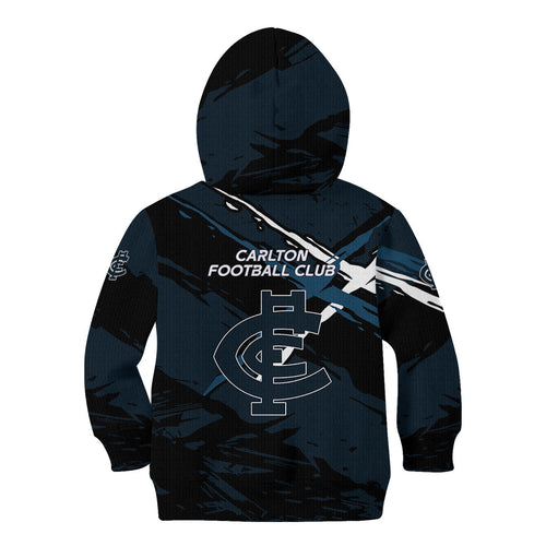 Carlton Football Club Kid Hoodie Blues Muscular Mascot Graphic - Abstract Paint Splatter Art