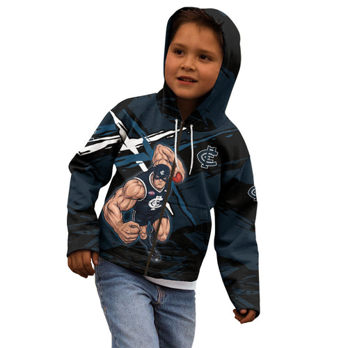 Carlton Football Club Kid Hoodie Blues Muscular Mascot Graphic - Abstract Paint Splatter Art