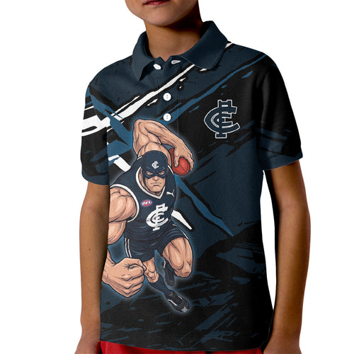 Carlton Football Club Kid Polo Shirt Blues Muscular Mascot Graphic - Abstract Paint Splatter Art