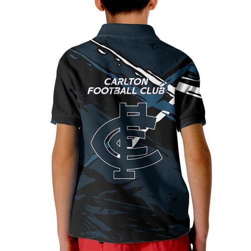 Carlton Football Club Kid Polo Shirt Blues Muscular Mascot Graphic - Abstract Paint Splatter Art