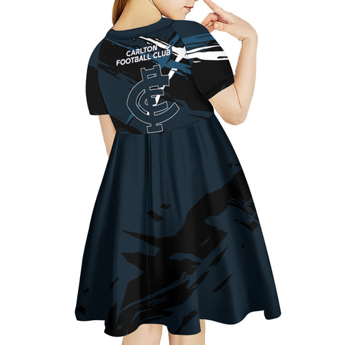 Carlton Football Club Kid Short Sleeve Dress Blues Muscular Mascot Graphic - Abstract Paint Splatter Art