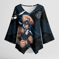 Carlton Football Club Kimono Sleeve Blouse Blues Muscular Mascot Graphic - Abstract Paint Splatter Art