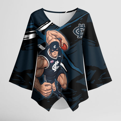 Carlton Football Club Kimono Sleeve Blouse Blues Muscular Mascot Graphic - Abstract Paint Splatter Art