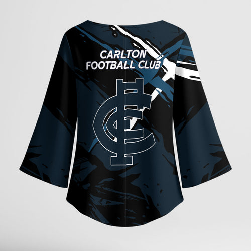 Carlton Football Club Kimono Sleeve Blouse Blues Muscular Mascot Graphic - Abstract Paint Splatter Art