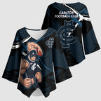 Carlton Football Club Kimono Sleeve Blouse Blues Muscular Mascot Graphic - Abstract Paint Splatter Art