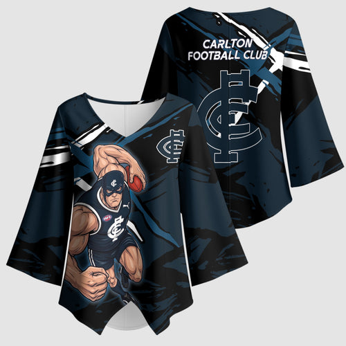 Carlton Football Club Kimono Sleeve Blouse Blues Muscular Mascot Graphic - Abstract Paint Splatter Art