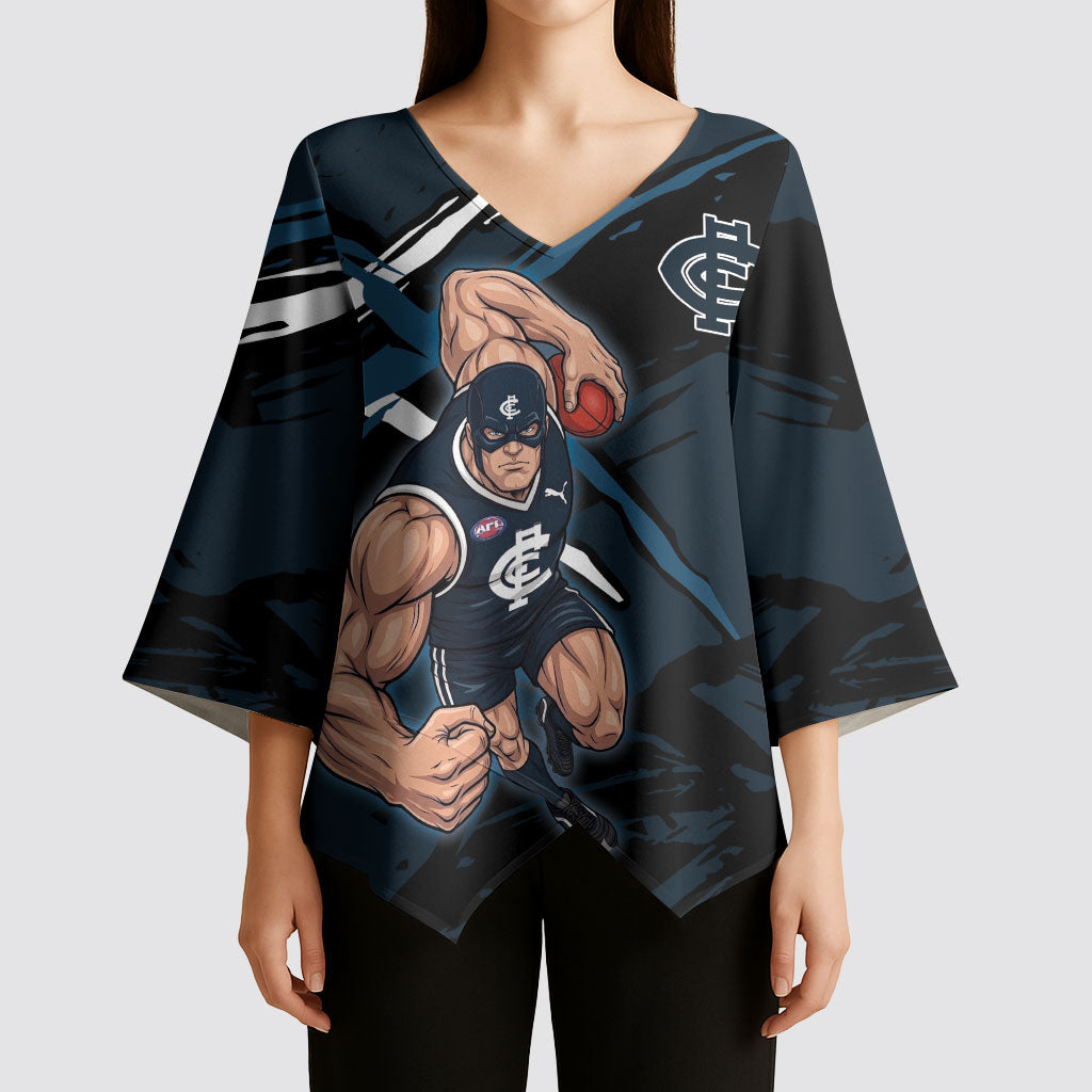 Carlton Football Club Kimono Sleeve Blouse Blues Muscular Mascot Graphic - Abstract Paint Splatter Art