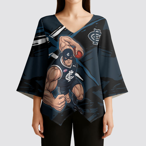 Carlton Football Club Kimono Sleeve Blouse Blues Muscular Mascot Graphic - Abstract Paint Splatter Art