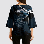 Carlton Football Club Kimono Sleeve Blouse Blues Muscular Mascot Graphic - Abstract Paint Splatter Art