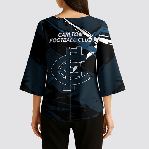 Carlton Football Club Kimono Sleeve Blouse Blues Muscular Mascot Graphic - Abstract Paint Splatter Art