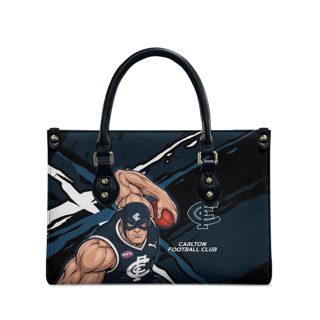 Carlton Football Club Leather Bag Blues Muscular Mascot Graphic - Abstract Paint Splatter Art