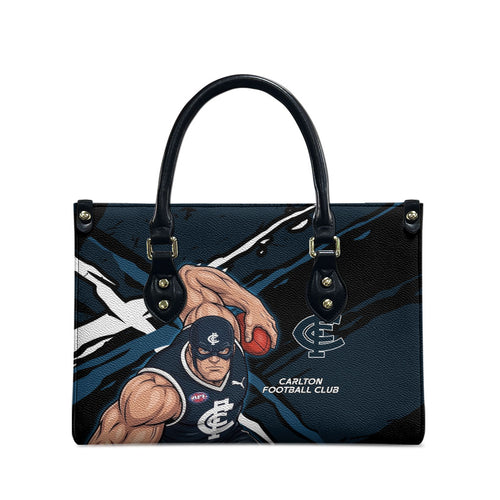 Carlton Football Club Leather Bag Blues Muscular Mascot Graphic - Abstract Paint Splatter Art