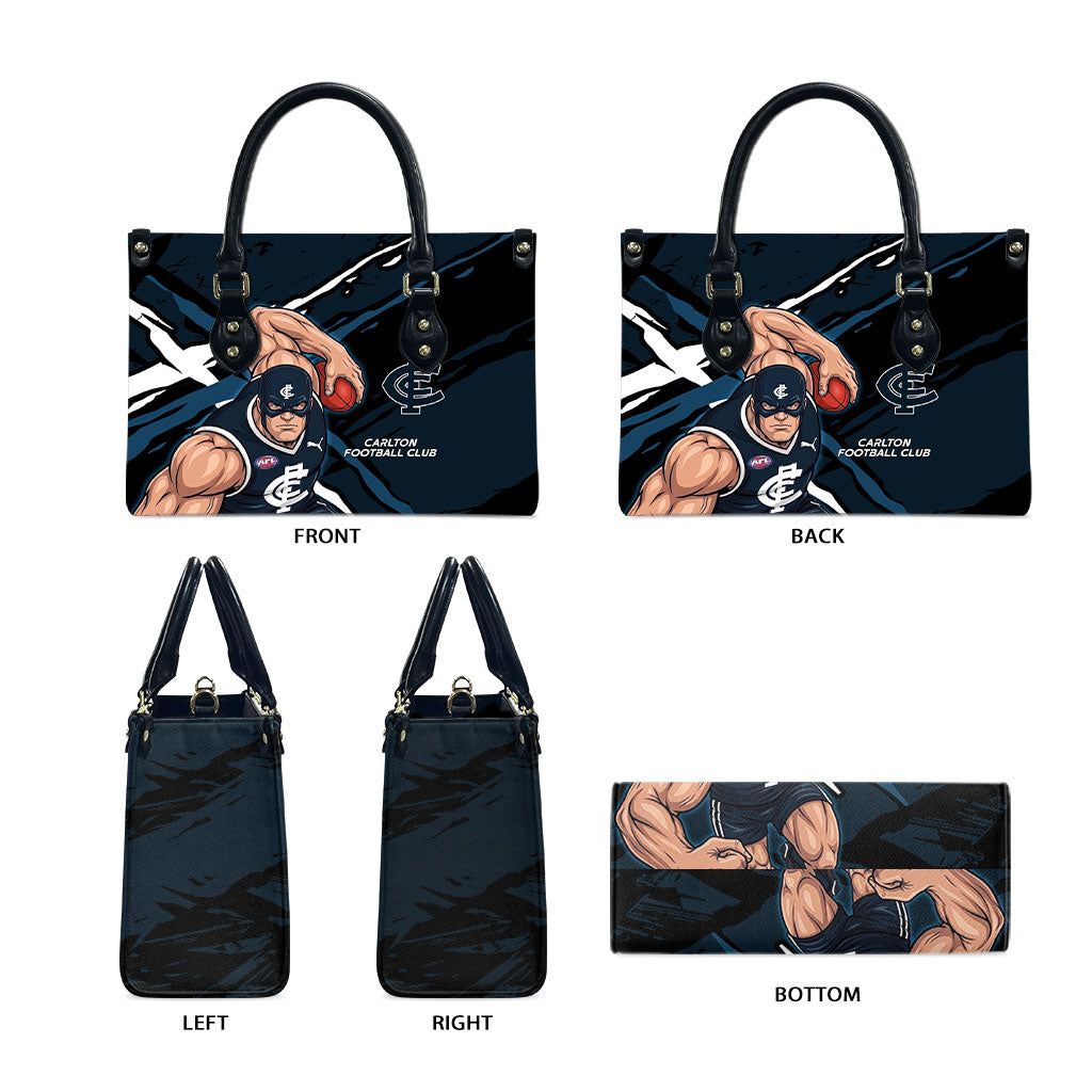 Carlton Football Club Leather Bag Blues Muscular Mascot Graphic - Abstract Paint Splatter Art
