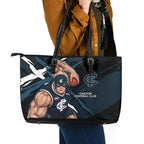 Carlton Football Club Leather Tote Bag Blues Muscular Mascot Graphic - Abstract Paint Splatter Art