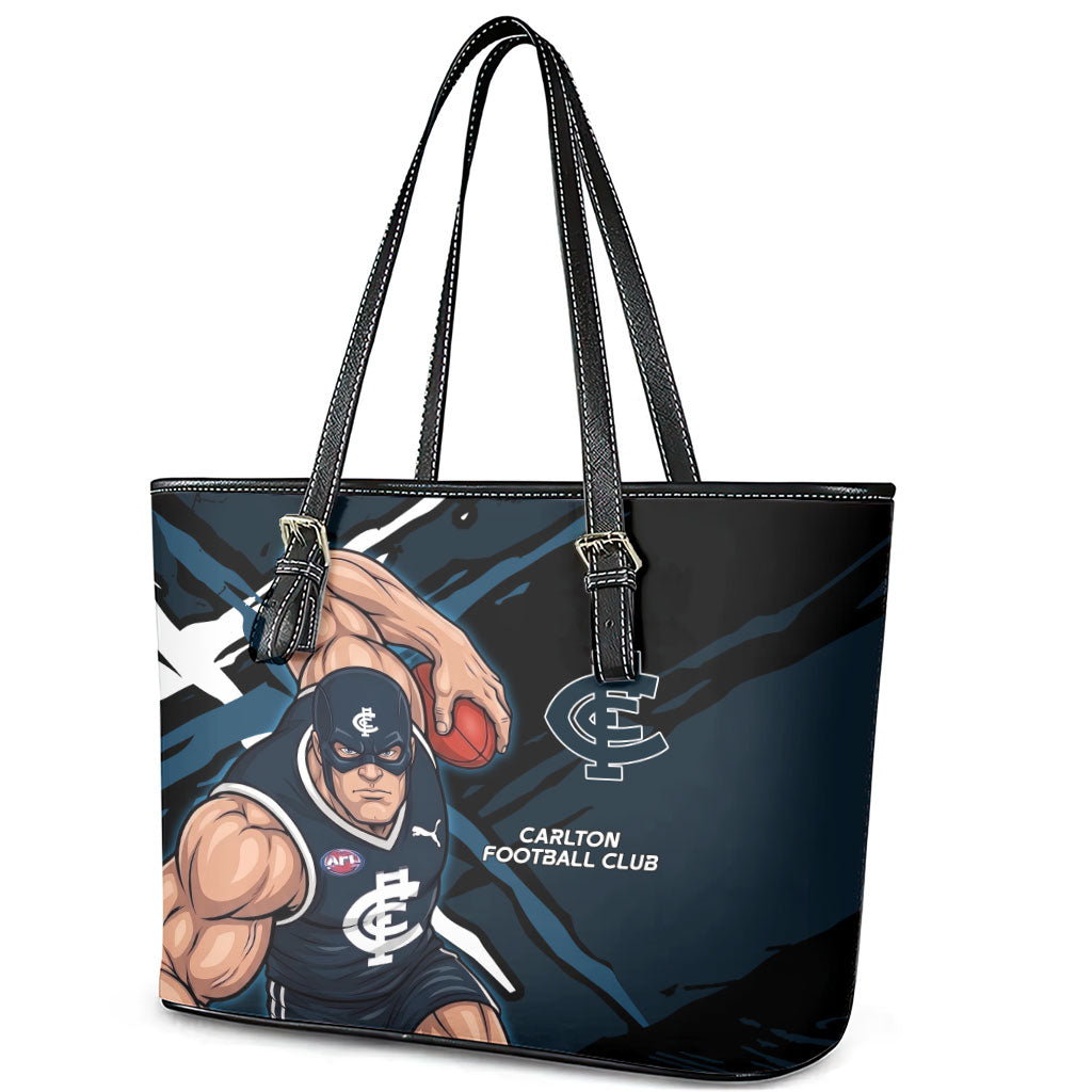 Carlton Football Club Leather Tote Bag Blues Muscular Mascot Graphic - Abstract Paint Splatter Art