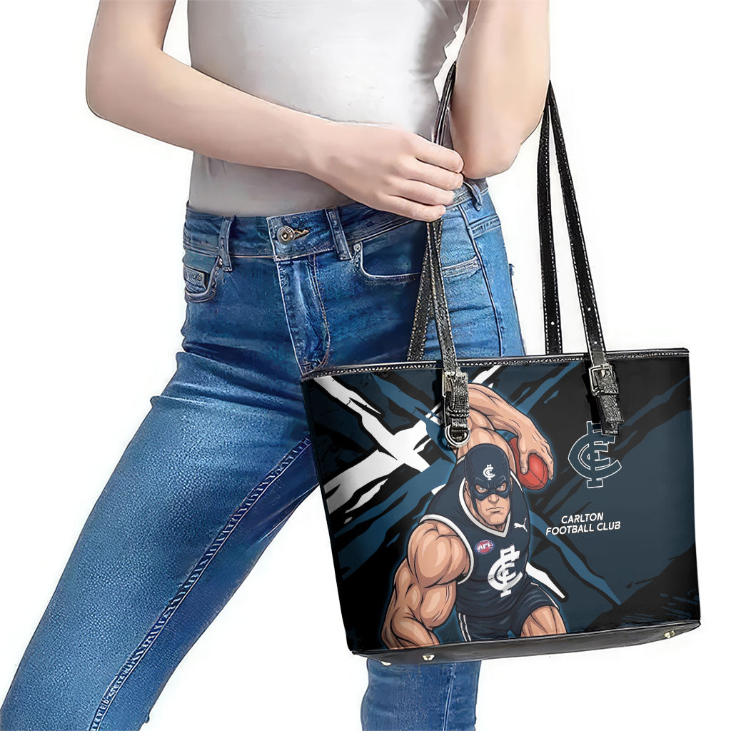 Carlton Football Club Leather Tote Bag Blues Muscular Mascot Graphic - Abstract Paint Splatter Art