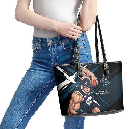 Carlton Football Club Leather Tote Bag Blues Muscular Mascot Graphic - Abstract Paint Splatter Art