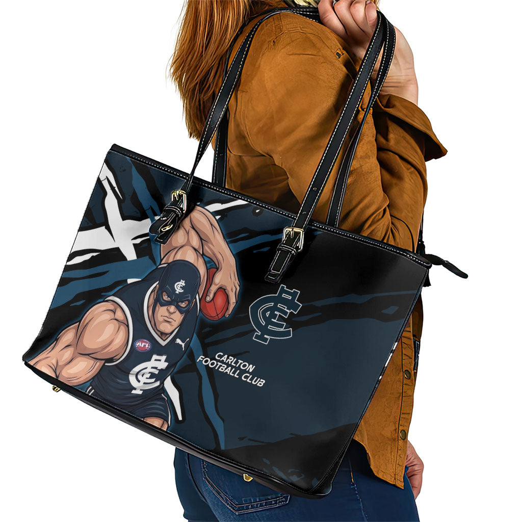 Carlton Football Club Leather Tote Bag Blues Muscular Mascot Graphic - Abstract Paint Splatter Art