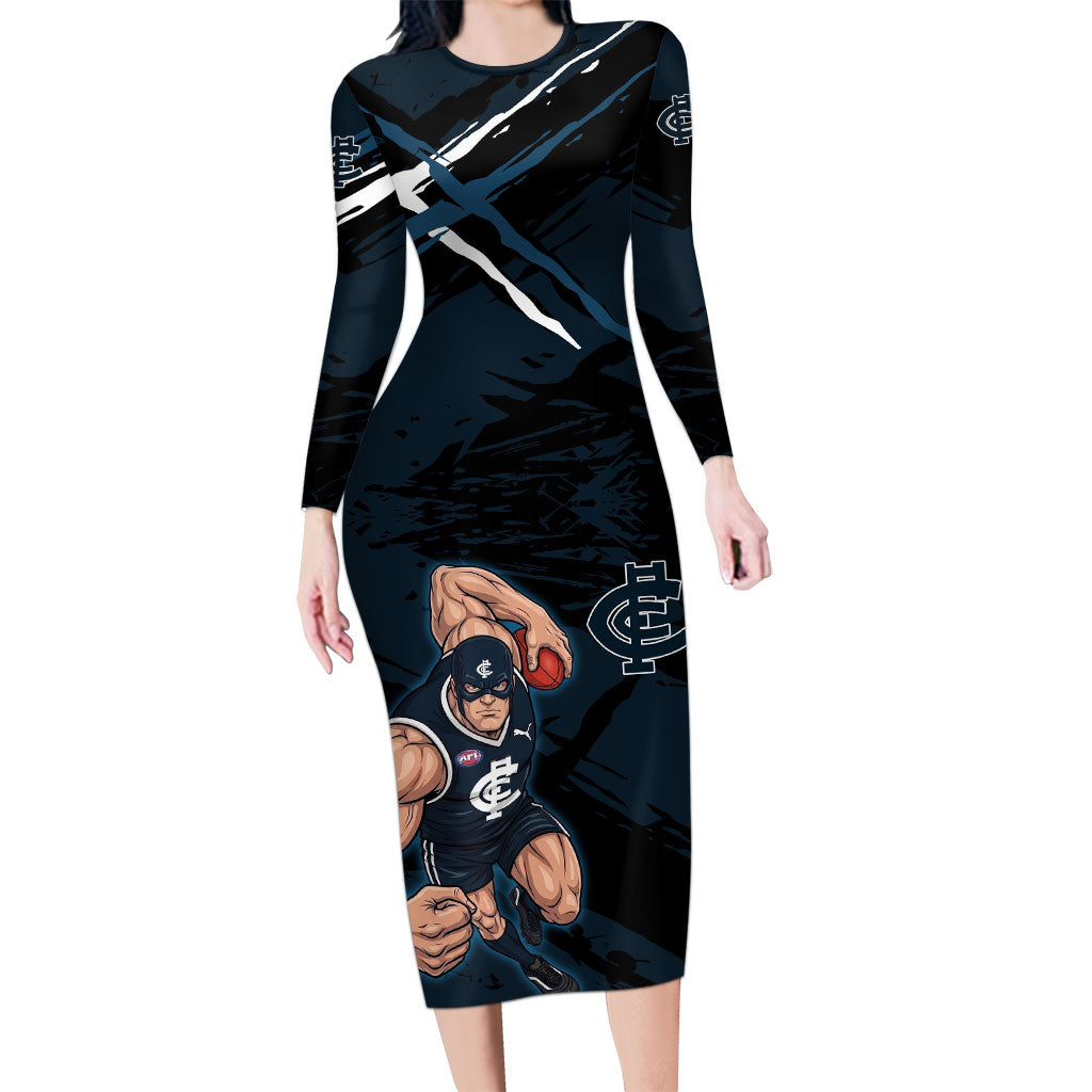 Carlton Football Club Long Sleeve Bodycon Dress Blues Muscular Mascot Graphic - Abstract Paint Splatter Art
