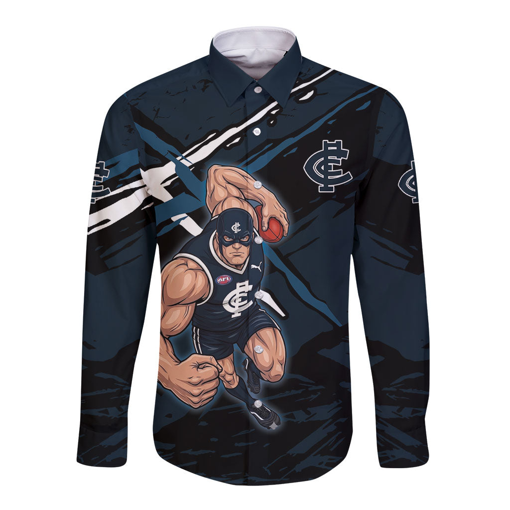 Carlton Football Club Long Sleeve Button Shirt Blues Muscular Mascot Graphic - Abstract Paint Splatter Art
