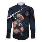 Carlton Football Club Long Sleeve Button Shirt Blues Muscular Mascot Graphic - Abstract Paint Splatter Art