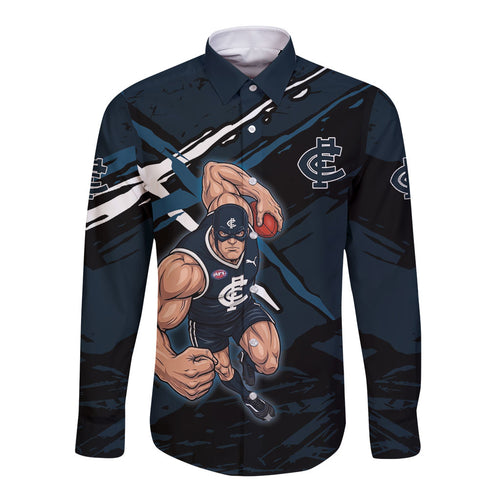 Carlton Football Club Long Sleeve Button Shirt Blues Muscular Mascot Graphic - Abstract Paint Splatter Art
