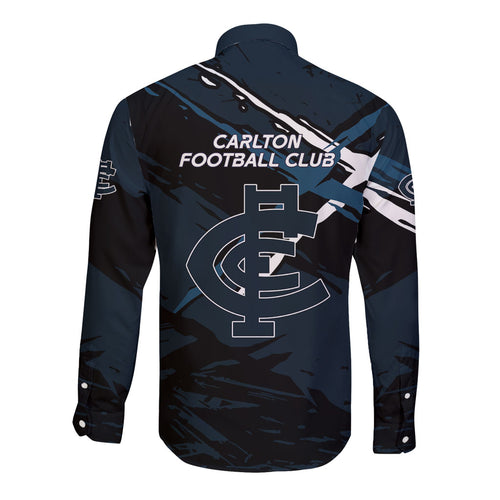 Carlton Football Club Long Sleeve Button Shirt Blues Muscular Mascot Graphic - Abstract Paint Splatter Art