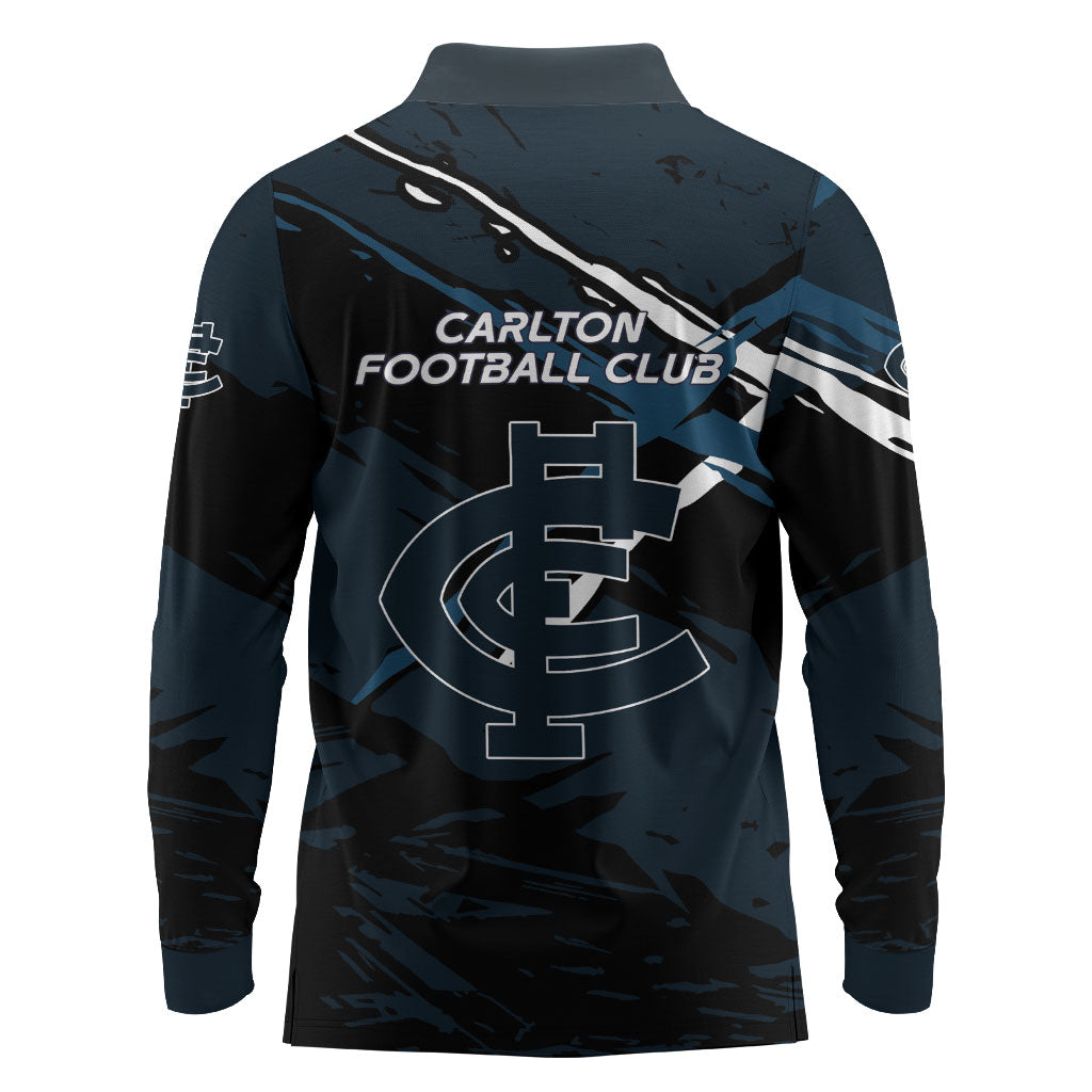 Carlton Football Club Long Sleeve Polo Shirt Blues Muscular Mascot Graphic - Abstract Paint Splatter Art