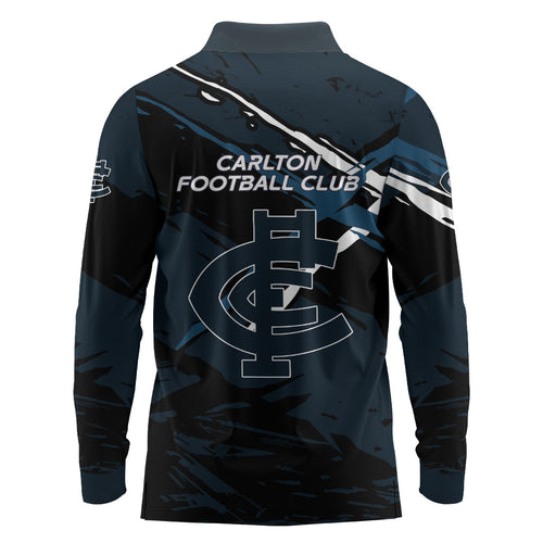 Carlton Football Club Long Sleeve Polo Shirt Blues Muscular Mascot Graphic - Abstract Paint Splatter Art