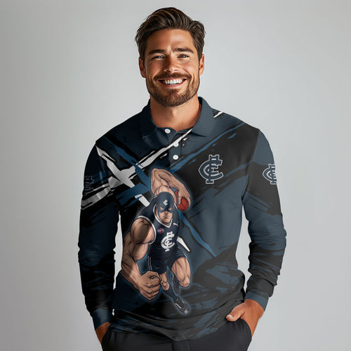Carlton Football Club Long Sleeve Polo Shirt Blues Muscular Mascot Graphic - Abstract Paint Splatter Art