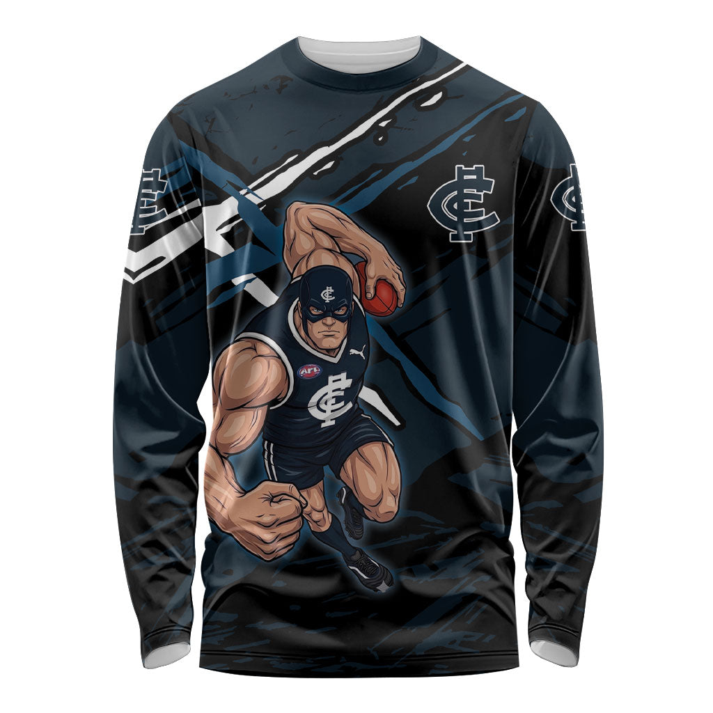Carlton Football Club Long Sleeve Shirt Blues Muscular Mascot Graphic - Abstract Paint Splatter Art
