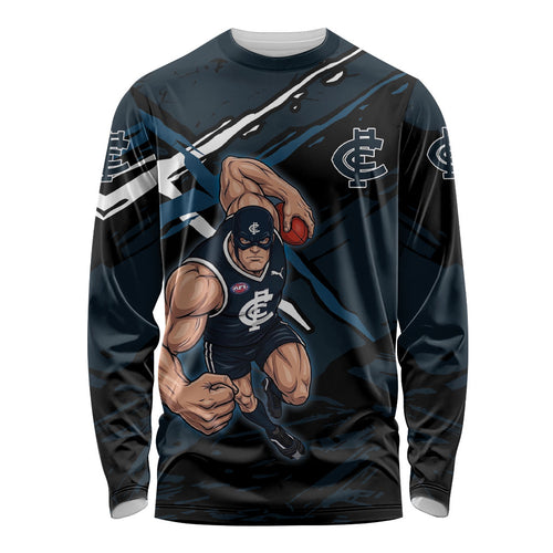 Carlton Football Club Long Sleeve Shirt Blues Muscular Mascot Graphic - Abstract Paint Splatter Art