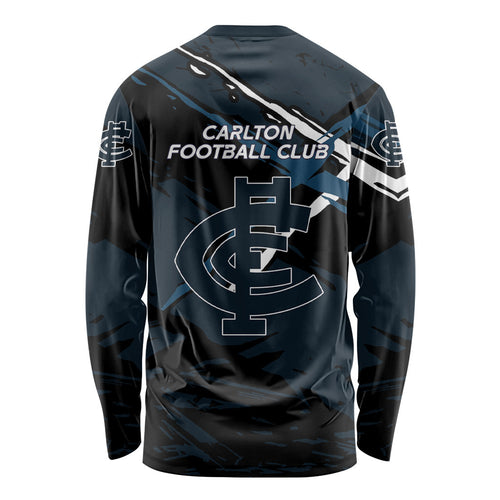 Carlton Football Club Long Sleeve Shirt Blues Muscular Mascot Graphic - Abstract Paint Splatter Art