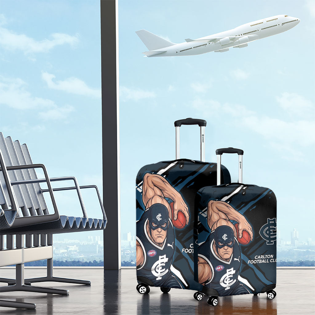 Carlton Football Club Luggage Cover Blues Muscular Mascot Graphic - Abstract Paint Splatter Art