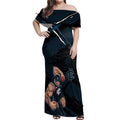 Carlton Football Club Off Shoulder Maxi Dress Blues Muscular Mascot Graphic - Abstract Paint Splatter Art