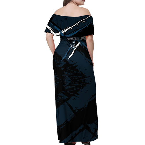 Carlton Football Club Off Shoulder Maxi Dress Blues Muscular Mascot Graphic - Abstract Paint Splatter Art