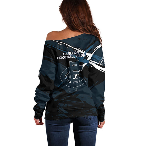 Carlton Football Club Off Shoulder Sweater Blues Muscular Mascot Graphic - Abstract Paint Splatter Art